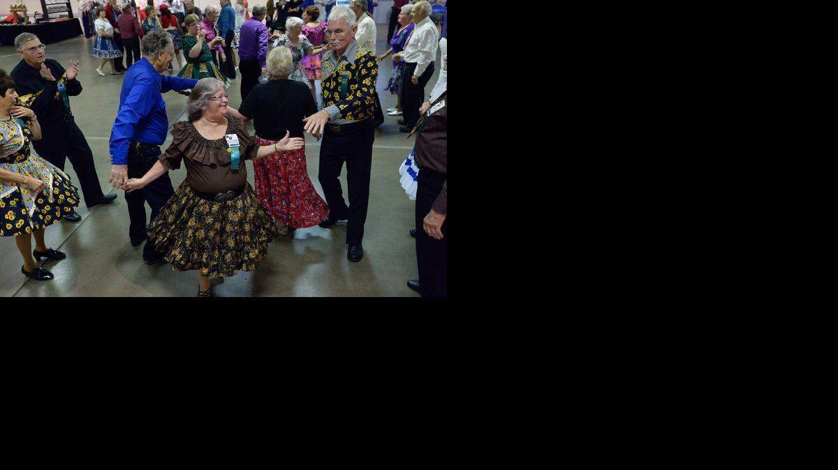 
Square dancers including Lonnie Harrington of Manteca, at center, dance at the California State Square Dance Convention held at the Turlock fairgrounds, April 10-13.
