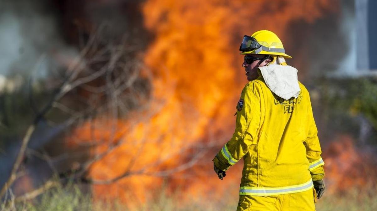 The California Department of Forestry and Fire Protection, Merced County works to extinguish a vegetation fire near the intersection of G Street and Old Lake Road in Merced, Calif., on Saturday, July 1, 2017.