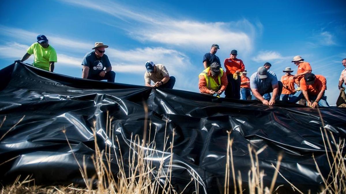 
Participants secure a tarp to an incline with the use of sandbags and stakes during an annual flood-fighting training course  in Merced on Wednesday, Oct. 7, 2015. 
