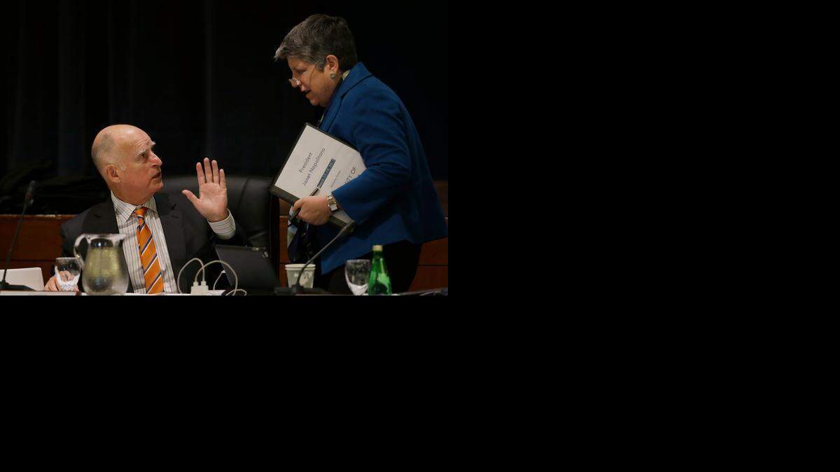 
Gov. Jerry Brown has sent budget teams to scrutinize operations at UC campuses, led by system President Janet Napolitano, right, who seeks to maintain the UC’s autonomy.
