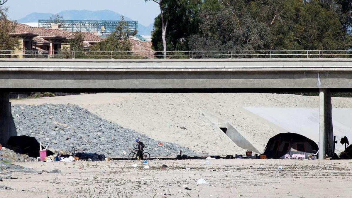 Dozens of homeless people have been living in an encampment in the Santa Ana River channel under the Chapman Avenue overpass, a mile south of Angel Stadium of Anaheim.
