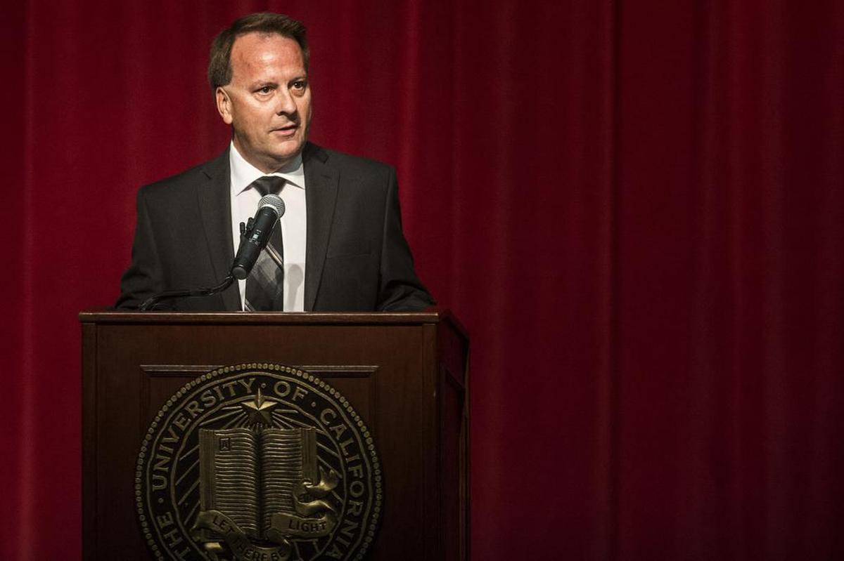 Golden Valley High School Principal Kevin Swartwood addresses students before introducing University of California President Janet Napolitano at Golden Valley High School in Merced, Calif., Thursday, Oct. 1, 2015. Napolitano held a closed door discussion with Advanced Placement students before addressing students in the school’s theater.