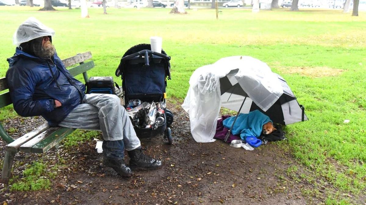 Brian Evans, 59, takes refuge on a bench under a tree on Monday in Courthouse Park in Merced as it begins raining. His dog, Recycle, rests under blankets and an umbrella shelter.