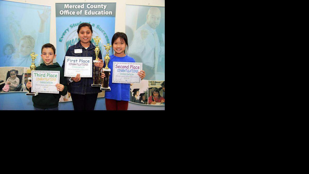 
From left, fifth-grader Hayden Soares of Elim Elementary in Hilmar took third place; Jasmine Judge, sixth-grader at R.M. Miano Elementary in Los Banos received first place; and second-grader Naomi Khosalim of Charleston Elementary in Los Banos won second place in the Merced County Office of Education elementary school spelling bee competition Wednesday.
