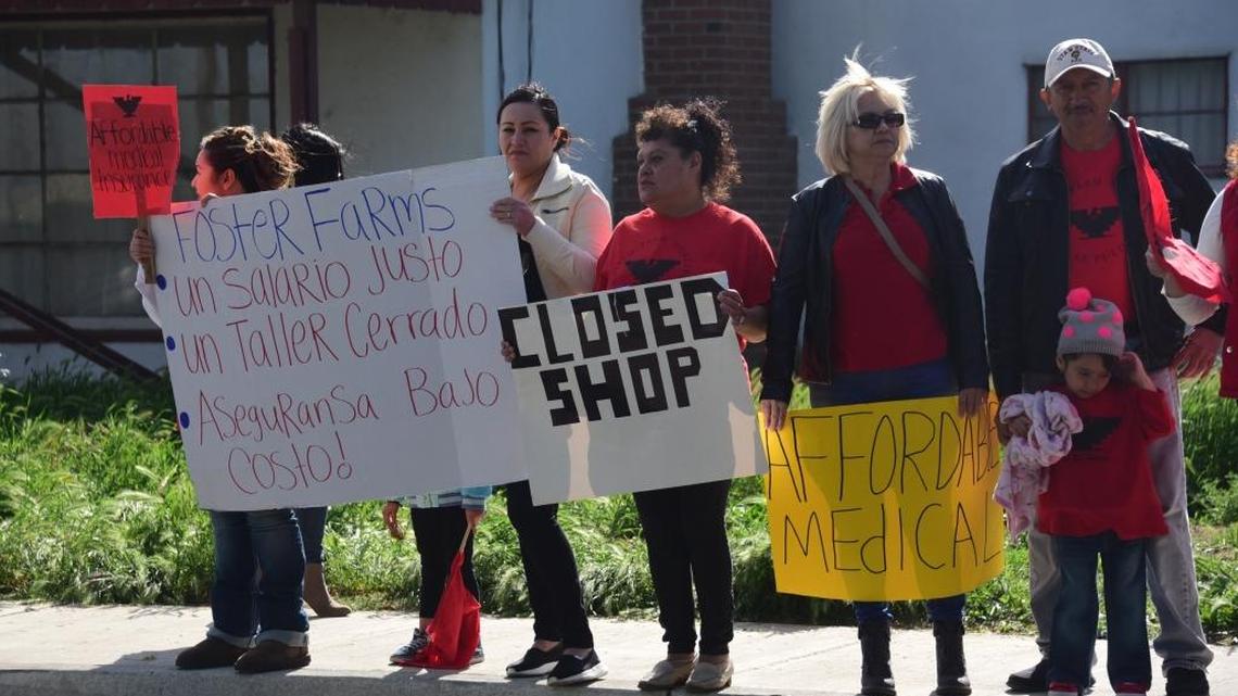 Employees who work at the Foster Farms Livingston chicken plant protested on Thursday morning, April 27, 2017 for better wages, affordable insurance and anew labor union contract.