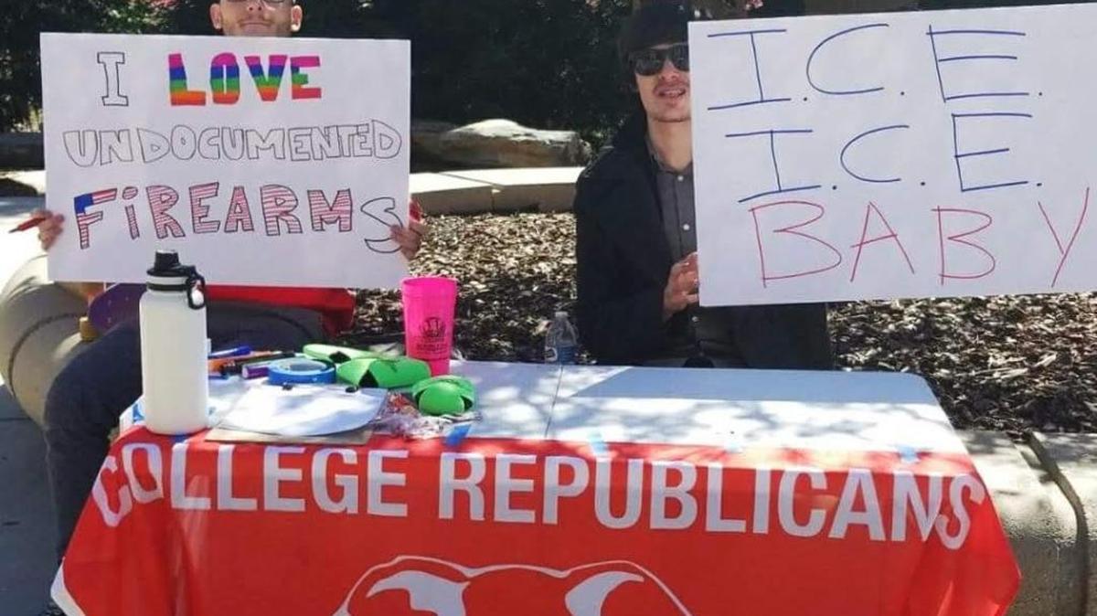 Signs were held at a table trying to recruit members for the UC Merced College Republican club.