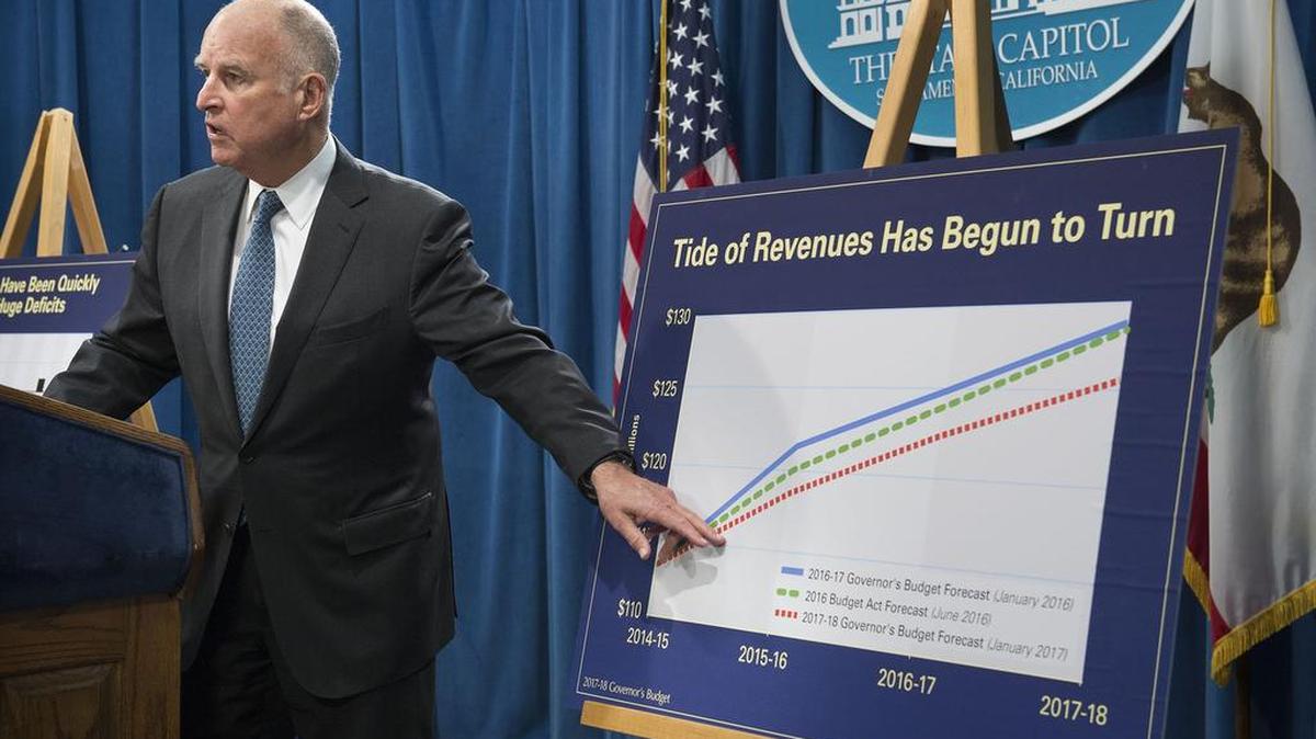 Gov. Jerry Brown proposes a balanced budget which eliminates a projected $2 billion deficit for the upcoming year on Tuesday, January 10, 2017 in Sacramento, Calif.