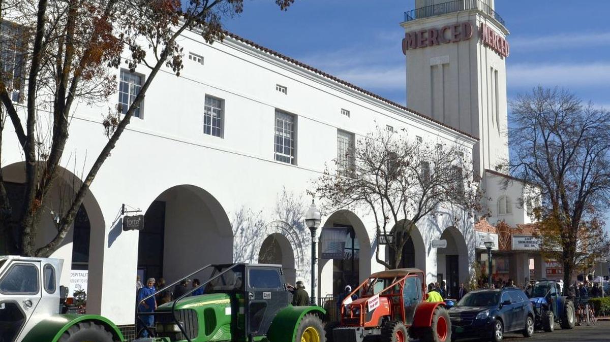 Tractors lined Main St. as hundreds of farmers and community members came to the State Water Resources Control Board Hearing in Merced in 2016.