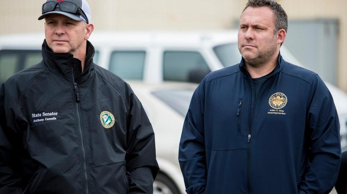 Senator Anthony Cannella, R-Ceres, left, and Assemblyman Adam Gray, D-Merced, surveyed the rivers and levees during high water flows in February. They combined forces, with Sen. Cathleen Galgiani, to insert fairness into disputes with the State Water Resources Control Board.