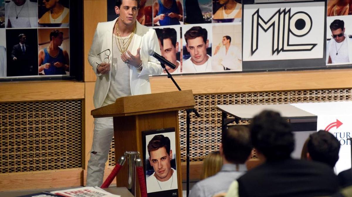 Milo Yiannopoulos speaks at the University of Colorado, Boulder, last month. Protesters forced UC Berkeley to cancel his appearance on Wednesday.