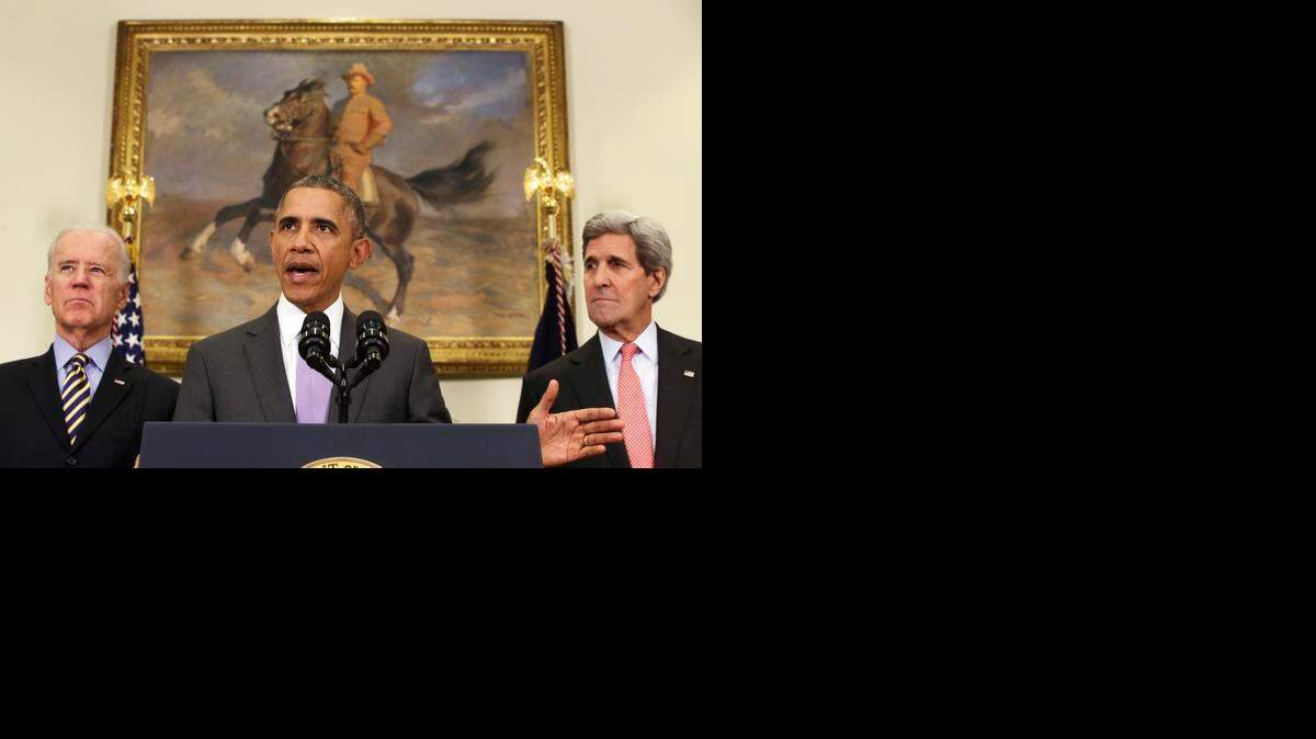 
President Barack Obama, flanked by Vice President Joe Biden and Secretary of State John Kerry, asked Congress on Wednesday to authorize military action against the Islamic State.
