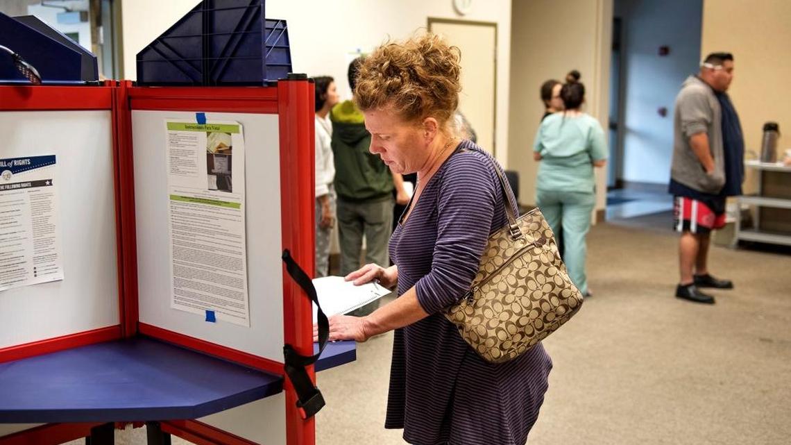 A voter checks her ballot in 2016.