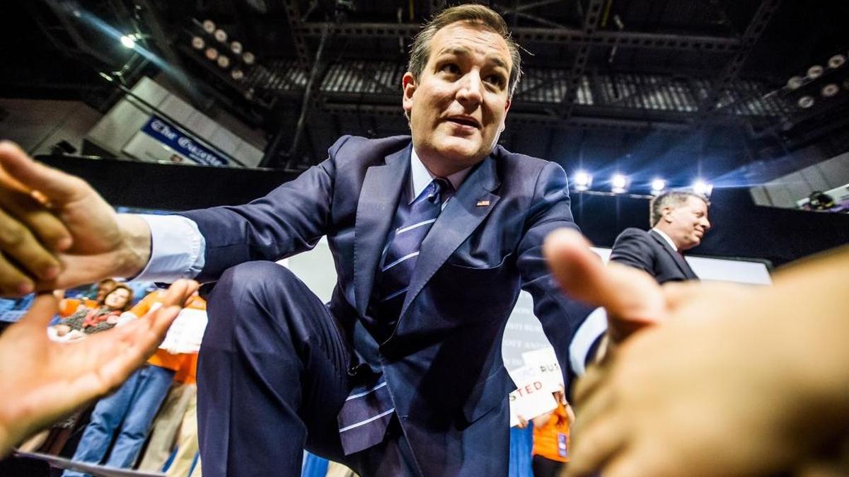 Sen. Ted Cruz shakes hands with supporters after speaking at the Colorado State Republican Assembly in Colorado Springs on Saturday, April 9, 2016.