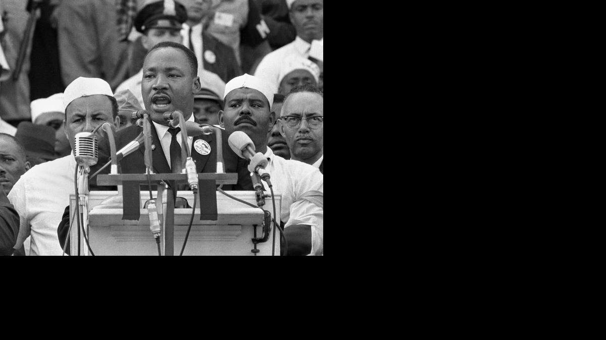 
The Rev. Martin Luther King Jr. addresses marchers during his “I Have a Dream” speech at the Lincoln Memorial in Washington on Aug. 28, 1963.
