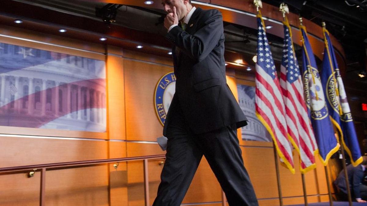 House Speaker Paul Ryan leaves the podium after telling the media he has pulled the health care overhaul bill, admitting defeat in President Trump’s first major legislative test.