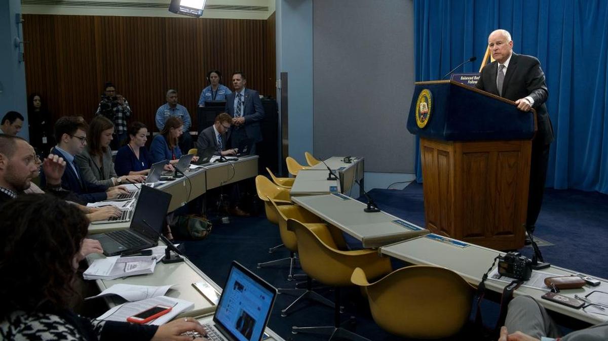 During his press conference to introduce his last state budget, Gov. Jerry Brown explained how federal tax changes will hurt California.