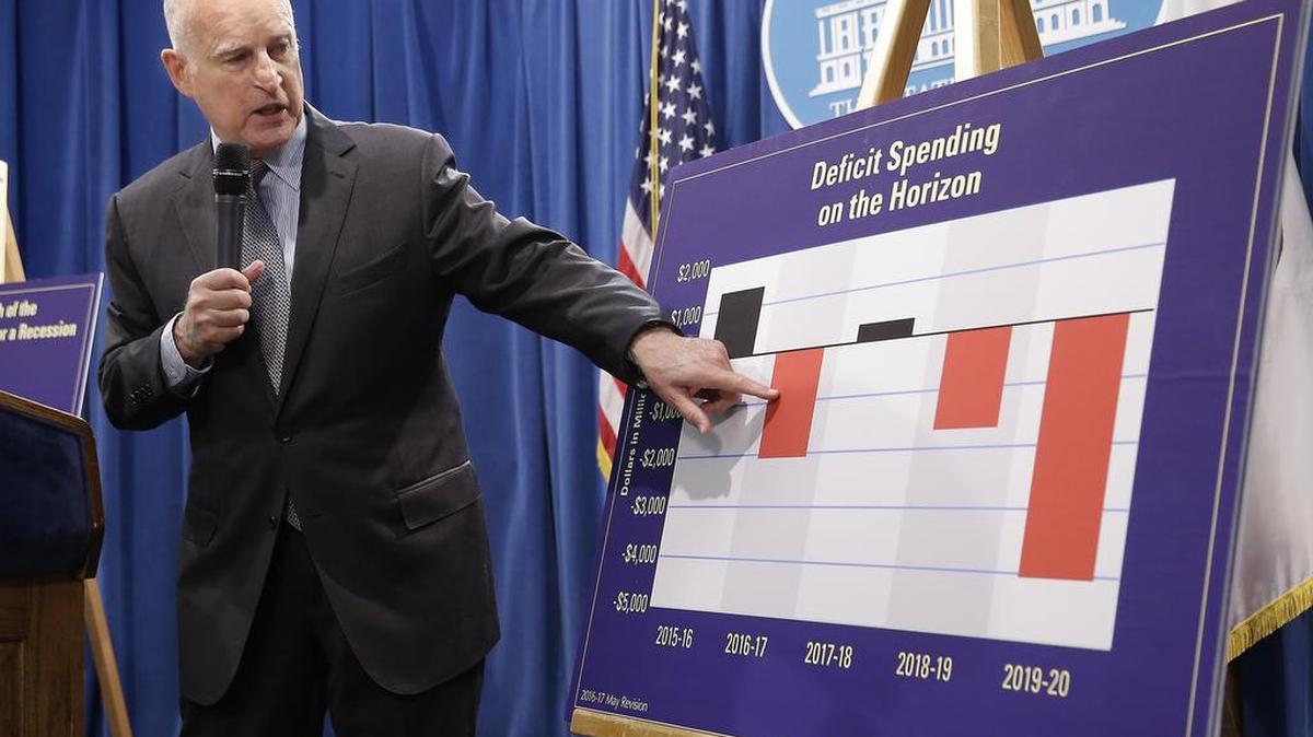 California Gov. Jerry Brown gestures to a chart showing possible future deficit spending on Friday, May 13, 2016, as he discusses his revised 2016-17 state budget.