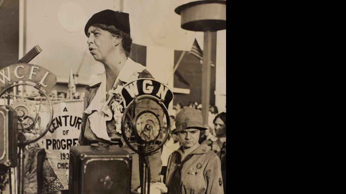 
Eleanor Roosevelt speaks during Women’s Day at the World’s Fair in Chicago in 1933. She had the common touch, though born to priviledge. 
