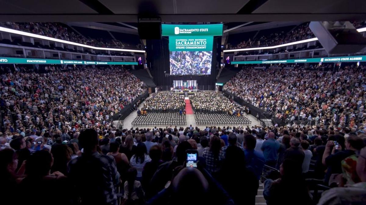 Golden 1 Arena in Sacramento, used here to celebrate Sacramento State’s graduation in May, got several fast-track exceptions to various state regulations.