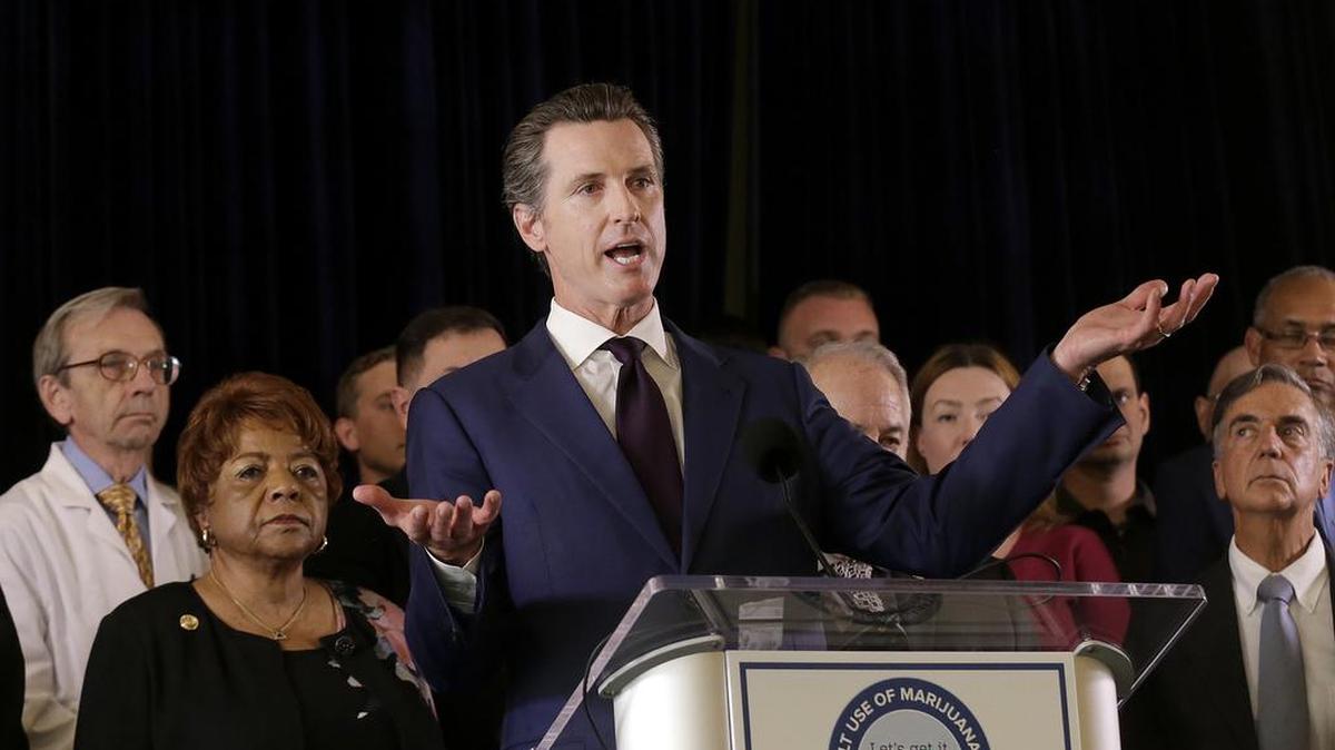 Lt. Gov. Gavin Newsom speaks in support of his ballot measure to legalize recreational marijuana in San Francisco on May 4, 2016, after signatures were submitted. It later was designated as Proposition 64 and is one of two being sponsored by Newsom.