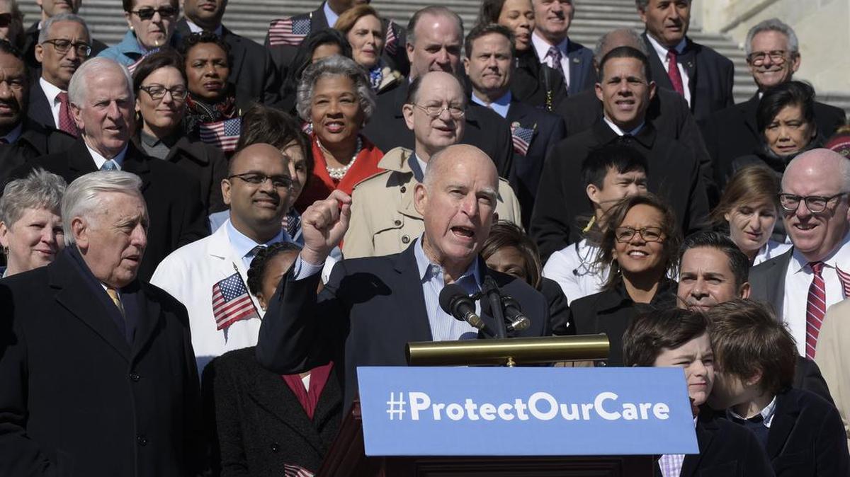 Gov. Jerry Brown joined a ceremony on Capitol Hill in Washington, D.C., on Wednesday, celebrating the seventh anniversary of the Affordable Care Act opposing a Republican effort – later stalled – to alter the health care law.