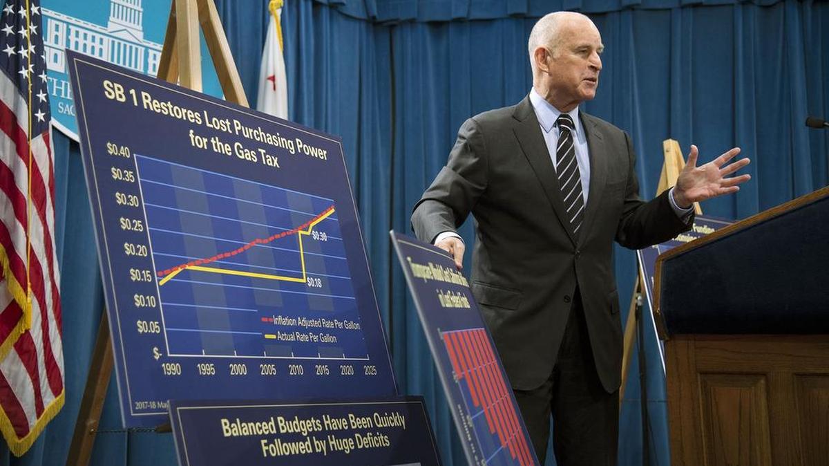 Gov. Jerry Brown uses charts on May 11 to illustrate his revised 2017-18 budget, noting that an economic downturn is likely. Nevertheless, Brown proposes to borrow $6 billion from a state investment fund to prepay pension obligations.