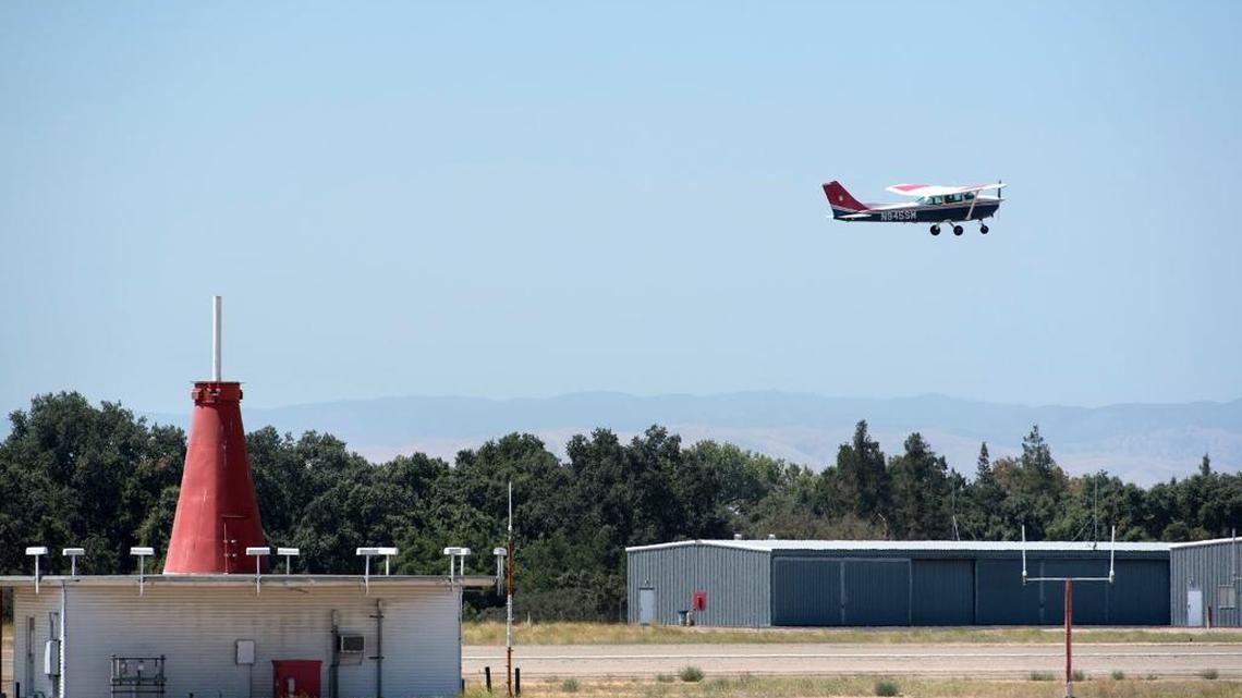 A private airplane arrives at a local airport.