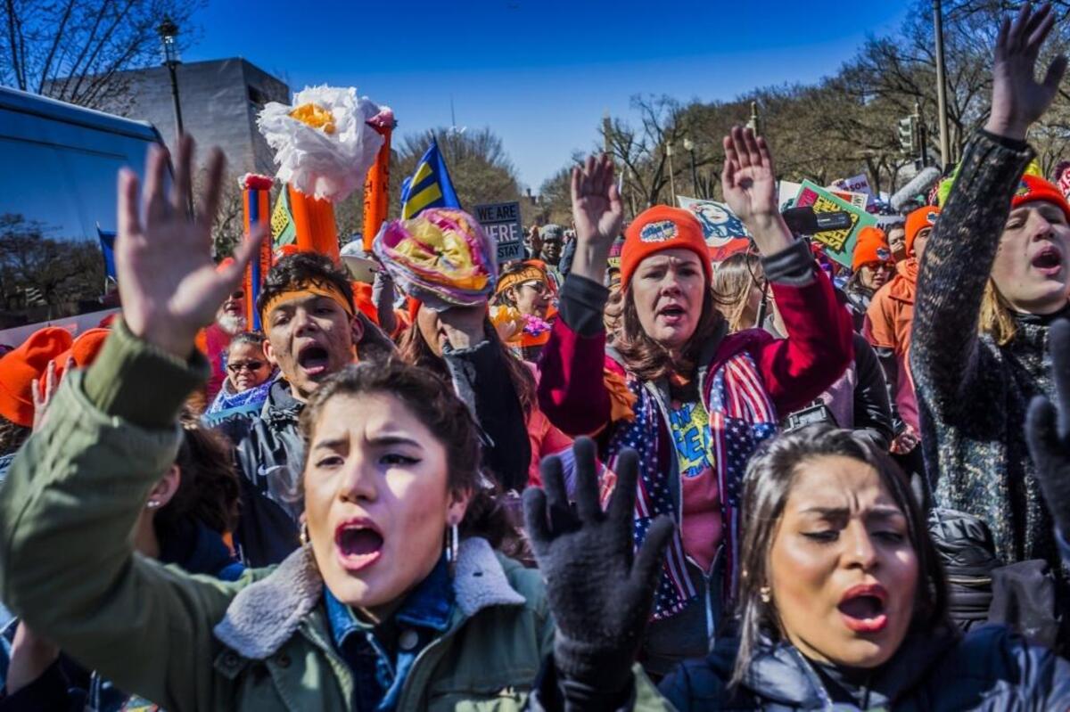 On March 5, 2018, hundreds of DREAMers and their allies, march through the streets of Washington, D.C., protesting the abasence of a legislative fix for DACA, the Deferred Action for Childhood Arrivals, which would offer young immigrants a pathway to citizenship. (Michael Nigro/Sipa USA/TNS)