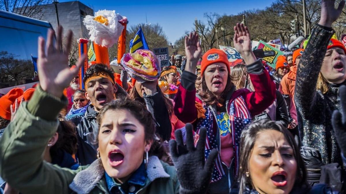 On March 5, 2018, hundreds of DREAMers and their allies, march through the streets of Washington, D.C., protesting the abasence of a legislative fix for DACA, the Deferred Action for Childhood Arrivals, which would offer young immigrants a pathway to citizenship. (Michael Nigro/Sipa USA/TNS)