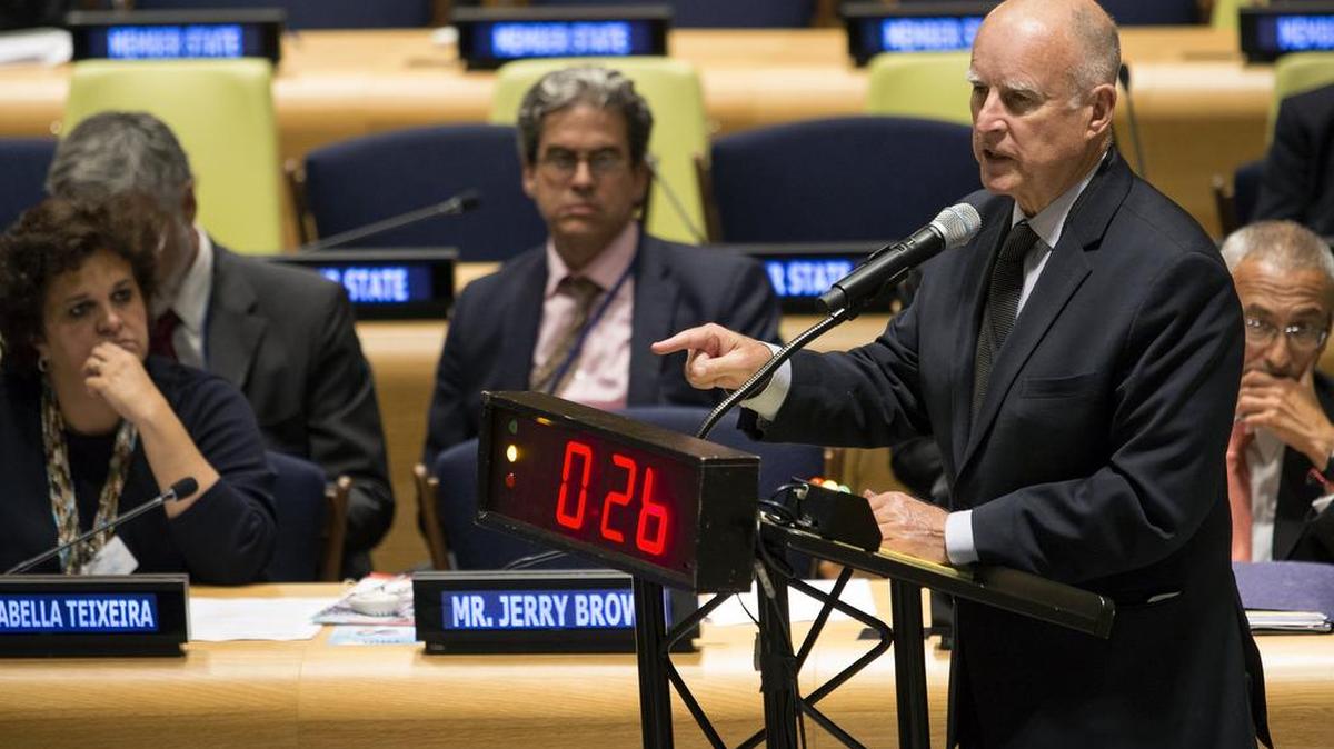 California Gov. Jerry Brown speaks during the climate summit at United Nations headquarters in New York City on Sept. 23, 2014. Brown has called climate change the world’s most serious issue and wants California to become a global leader in curbing greenhouse gases.