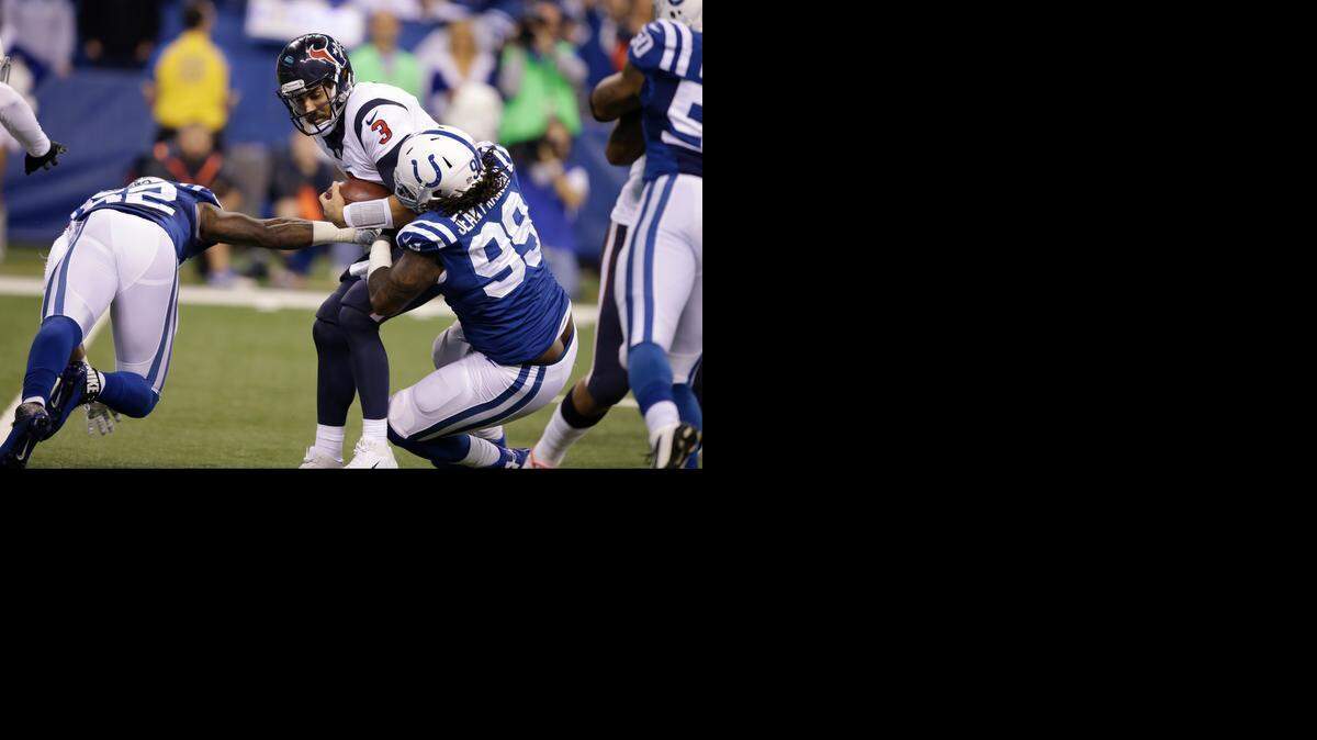 Indianapolis defensive end Ricky Jean Francois sacks Houston quarterback Tom Savage last season. The 28-year-old free agent will visit the 49ers, who drafted him in 2009, this week.