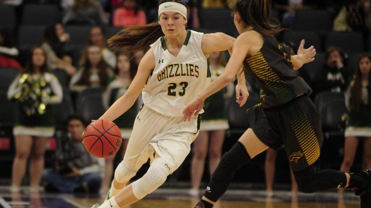 Mariposa star Milea Appling (23) dribbles out of the press, during the Mariposa High vs Argonaut Sac-Joaquin Section Division V Championship at Golden 1 Center in Sacramento. Appling kept the Grizzlies season alive with 31 points and 13 rebounds in a 54-48 win over West Valley on Tuesday night.