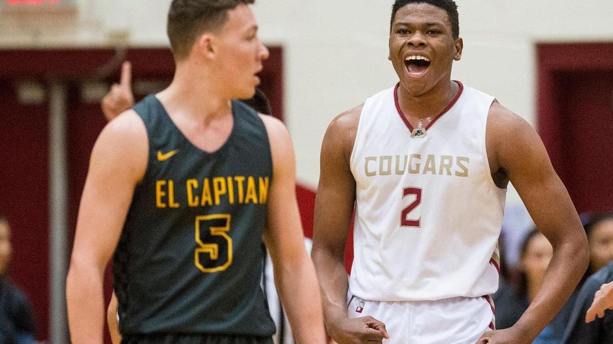 Golden Valley senior Etrell Bowers (2) celebrates after drawing a foul during a game against El Capitan at Golden Valley High School in Merced, Calif., on Wednesday, Jan. 23, 2019.