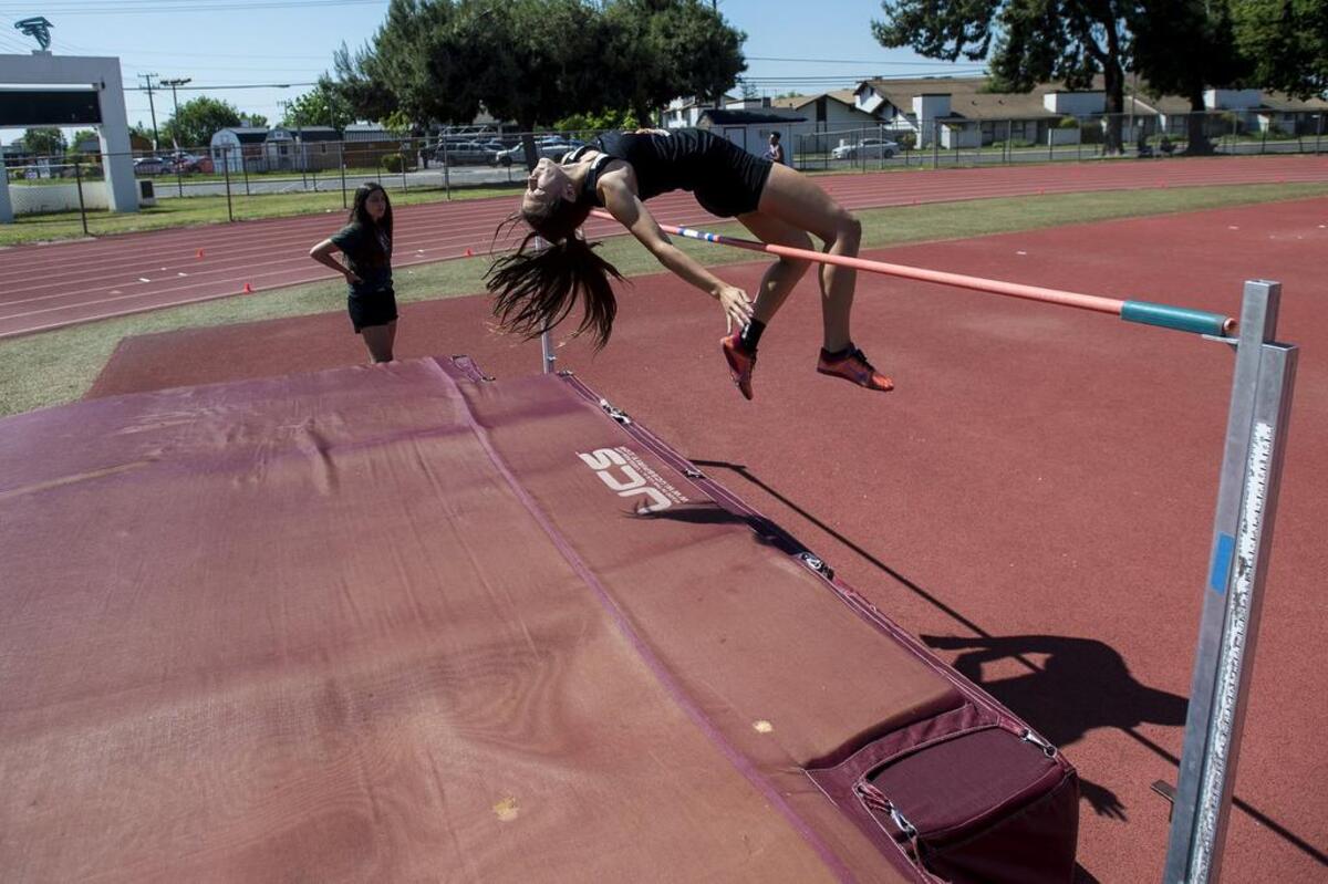 Merced's Kaitlynn Perez competes in the high jump during a Central California Conference Center Meet at Atwater High School in Atwater, Calif., on Wednesday, April 25, 2018.