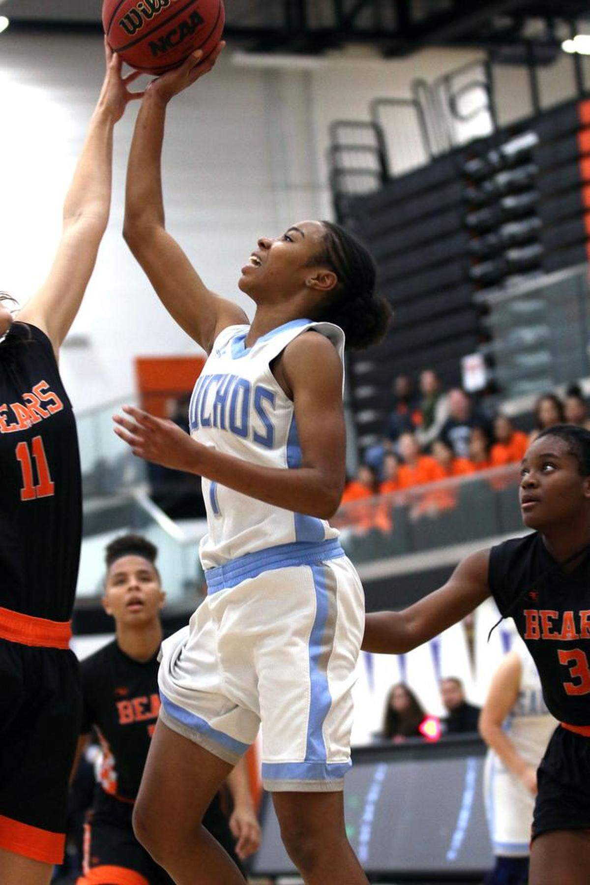 El Capitan’s Amaya Ervin goes up for a shot against Merced on Tuesday night at Merced High. Ervin scored 20 points to help lead the Gauchos to a 60-45 win.