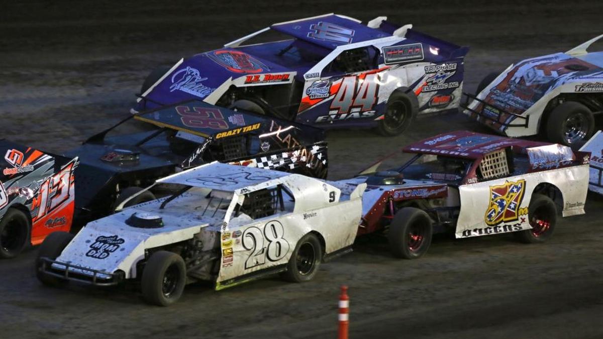 (050617) Merced Speedway - Tim Elias of Merced (44) races the outside groove as Merced's Cody Parker (28) and Mark Odgers of Mariposa hug the inside of turns three and four during IMCA Sportmod at Merced Speedway. IMCA SportMods will headline the Merced County Fair races on Wednesday night. Photo by Mike Adaskaveg (Merced, CA)