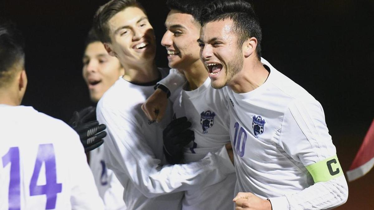 Pacheco High School players, from right, Rodolfo Rivera and Pablo Ortiz celebrate after Ortiz' goal in the second half against Buhach Colony Tuesday night, Feb. 27, 2018 in Los Banos.