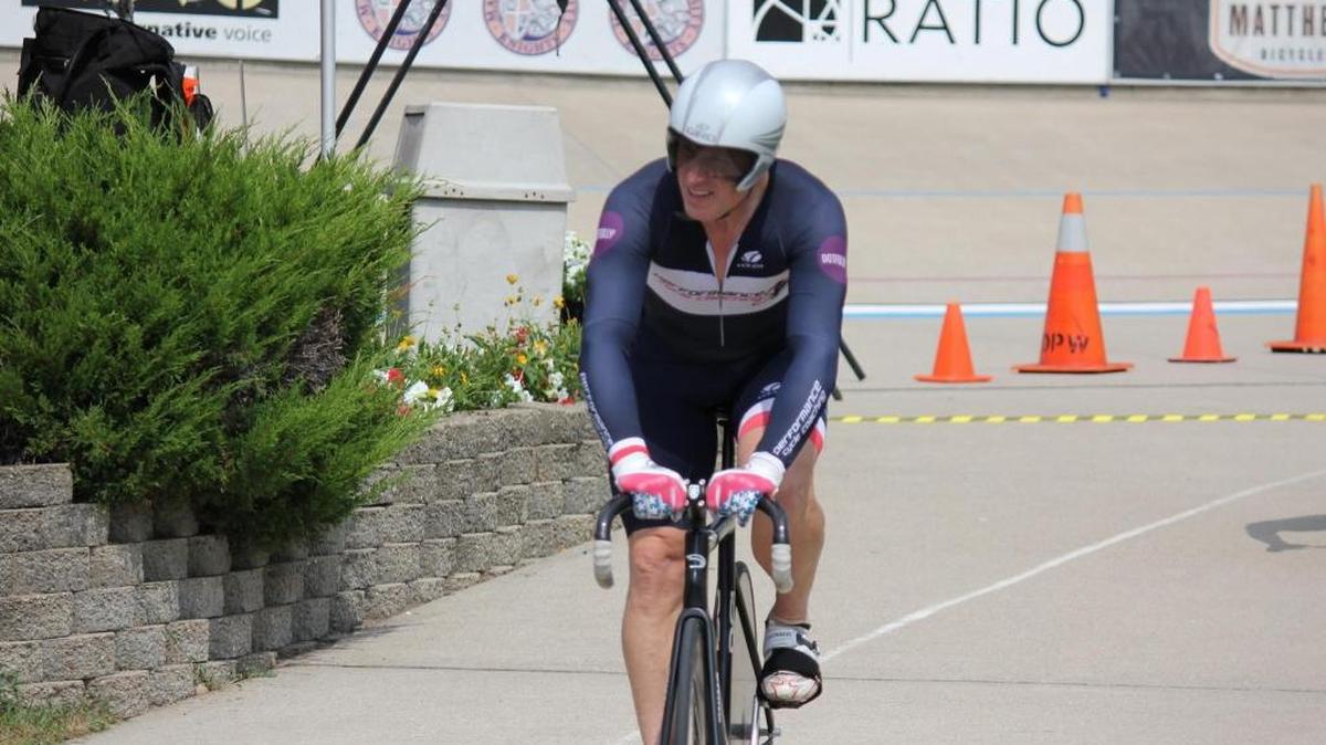 Merced’s Brian Moore rides during his 500-meter time trial race at the USA Cycling Masters Track National Championships in Indianapolis. Moore finished first in the 55-59 age group.