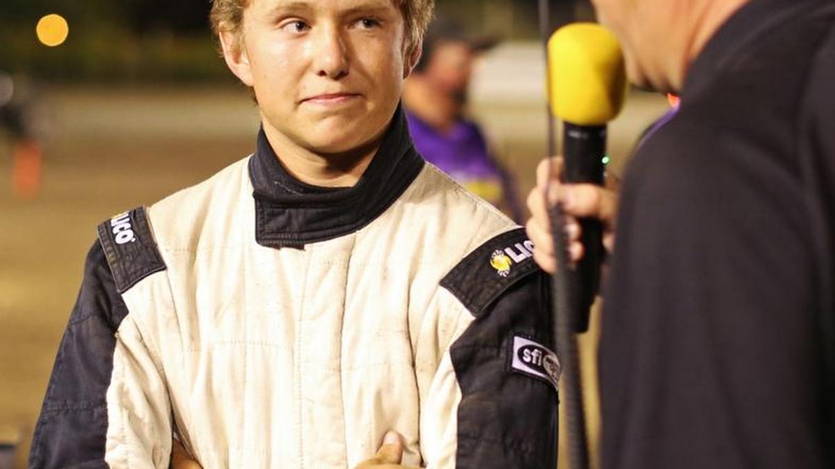 (Merced, CA)Merced Speedway - Chase Thomas is interviewed in victory lane. Staff photo by Mike Adaskaveg.