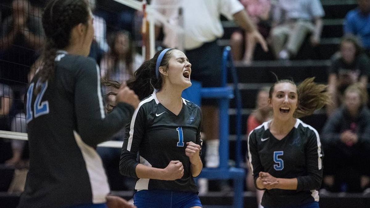 Atwater senior Lexi Valencia (1) screams as she celebrates a Falcons point with teammates during a match against El Capitan at El Capitan High School in Merced, Calif., on Wednesday, Aug. 29, 2018. The Gauchos beat the Falcons 3-0.