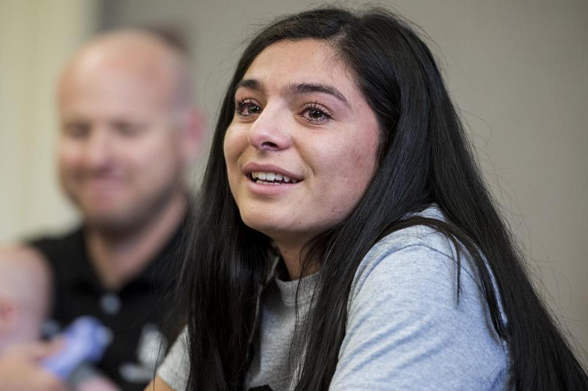 Buhach Colony senior Pamela Solano becomes emotional while thanking her family, coaches and friends for their support throughout her water polo career during a ceremony at Buhach Colony High School in Atwater, Calif., on Wednesday, April 11, 2018. Solano has verbally committed to play water polo at California State University, Long Beach.