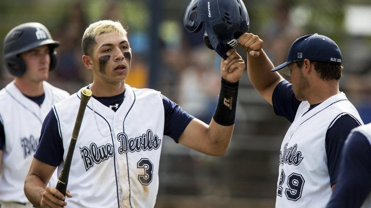 Merced College freshman Jesus Duran (3) and Merced College sophomore pitcher Trevor Chaney (29) fist bump after Duran scores during a playoff game against Cabrillo College at Merced College in Merced, Calif., on Friday, May 5, 2017. The Seahawks beat the Blue Devils 7-4.
