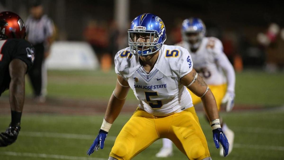 San Jose State linebacker Frank Ginda (5), shown here last season against UNLV, was selected to the Preseason All-Mountain West Conference first team by the conference coaches on Tuesday. The former Pacheco star finsihed with 99 tackles and 6.5 sacks last season.
