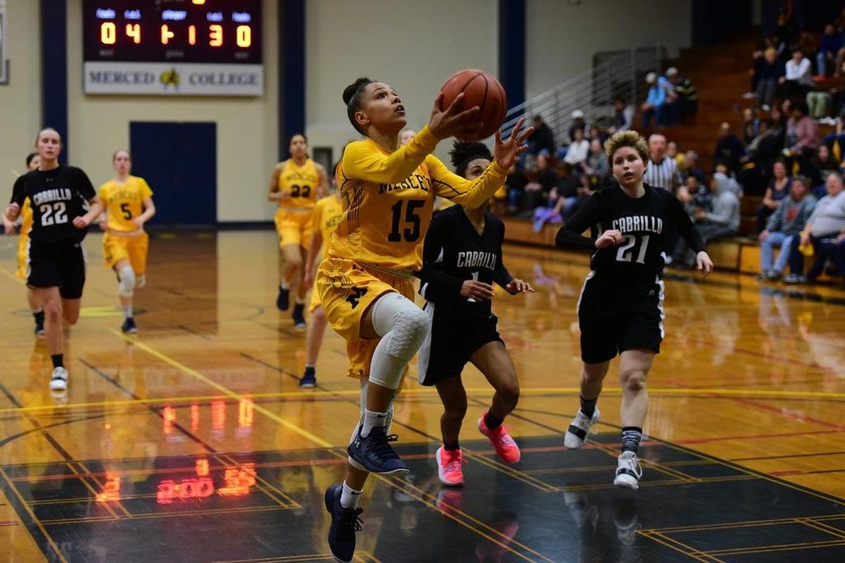 Merced College freshman Malaya Kendrick (15) attempts a layup during a game against Cabrillo College in Merced, Calif., on Saturday, March 9, 2019.
