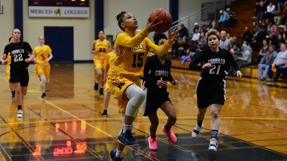 Merced College freshman Malaya Kendrick (15) attempts a layup during a game against Cabrillo College in Merced, Calif., on Saturday, March 9, 2019.