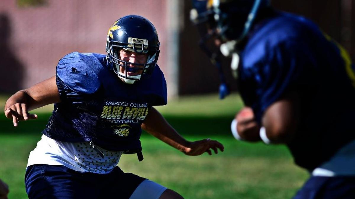 
Justin Aguilar has eight tackles and two sacks this season for Merced College.

