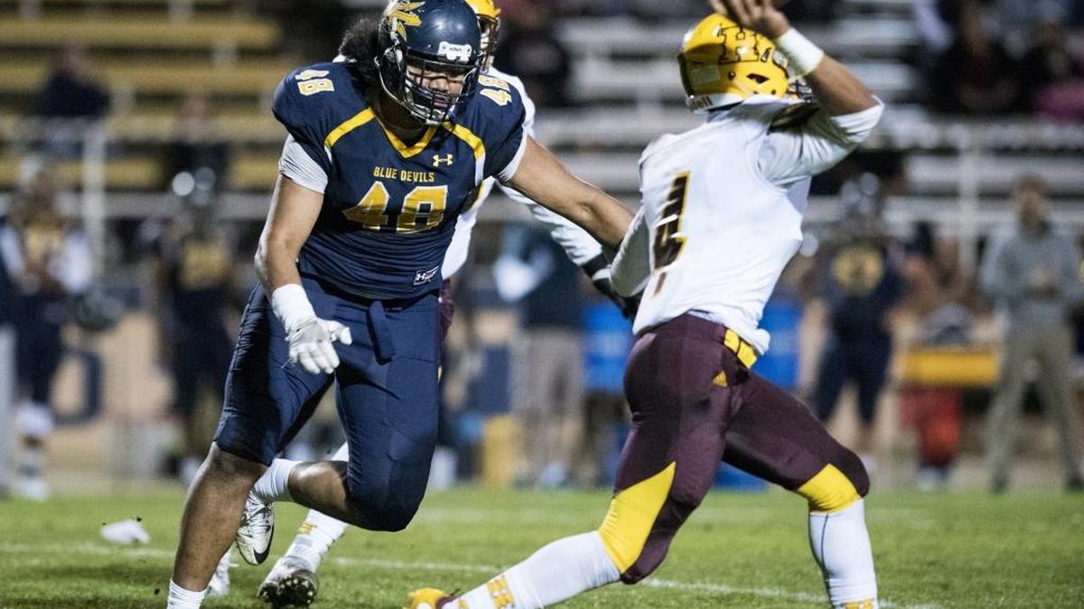 Merced College sophomore defensive lineman Kamilo Tongamoa (48) led the state with 25 tackles for a loss to help earn him All-American status.