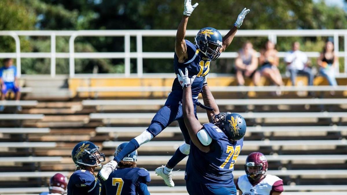 Wide receiver Nih-Jer Jackson (12), offensive lineman Nyquel Alexander (79) and the Merced College football team hope to have plenty to celebrate following a trip to Yuba on Saturday.