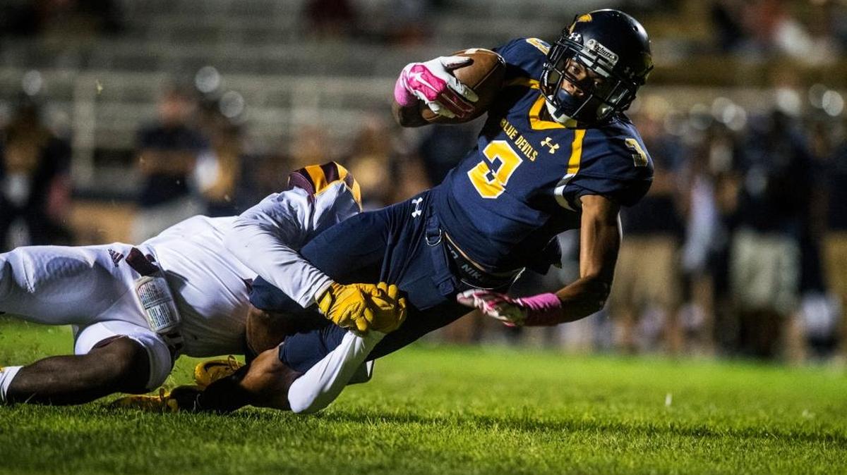 Merced College freshman wide receiver Jeffery Richardson is brought down short of the goal line against Hartnell on Oct. 3.