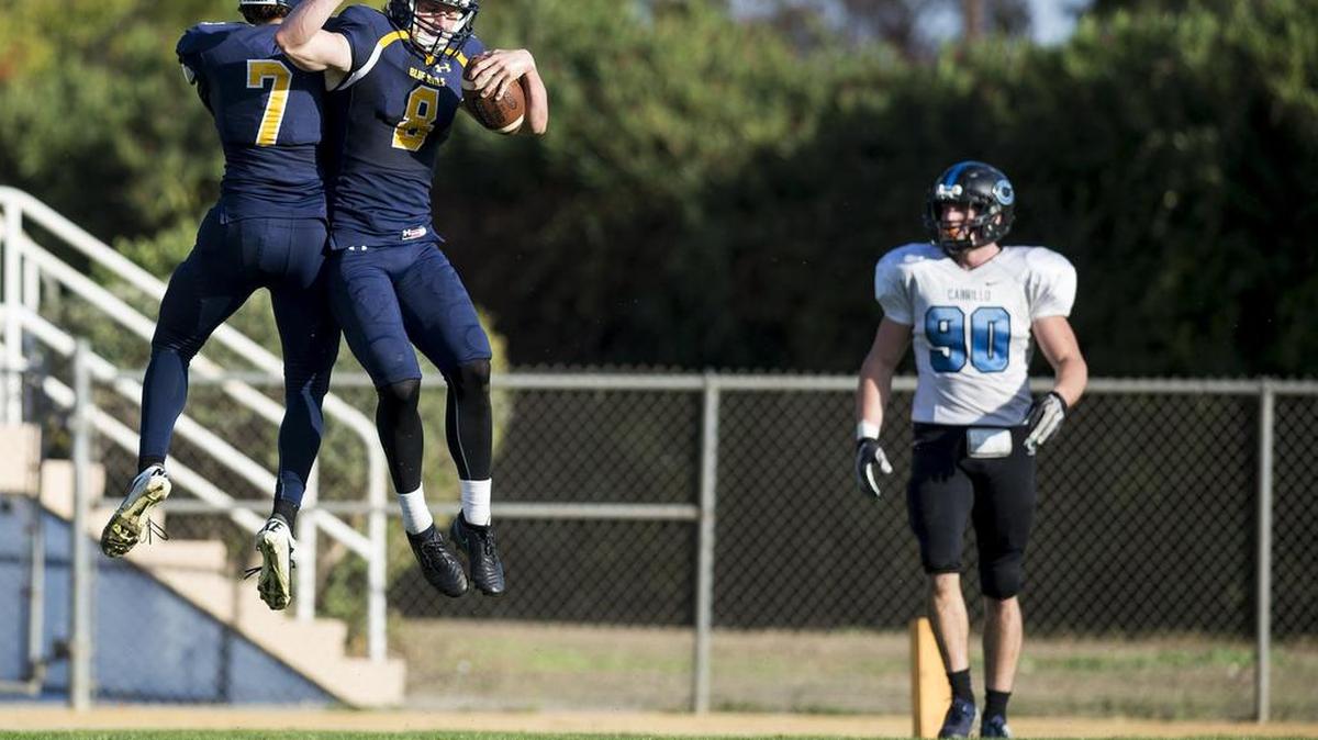 Merced College sophomore Noah Croninger (8) and wide receiver Josh Wilson (7) hopes there will be plenty to celebrate as the Blue Devils host Hartnell in the Stadium ’76 Bowl on Friday night.